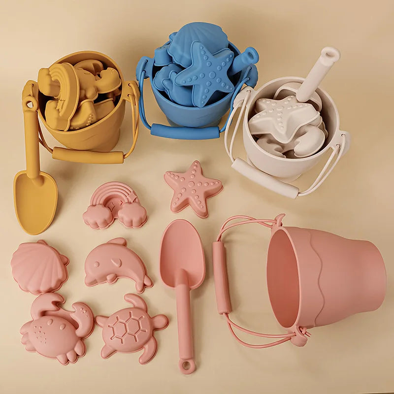 Silikon Strandspielzeug Set 8-teilig Eimer und Formen Kinder Sandspiel Sommer 2025 Flexibel Einfach zu Reinigen Sicheres Geschenk