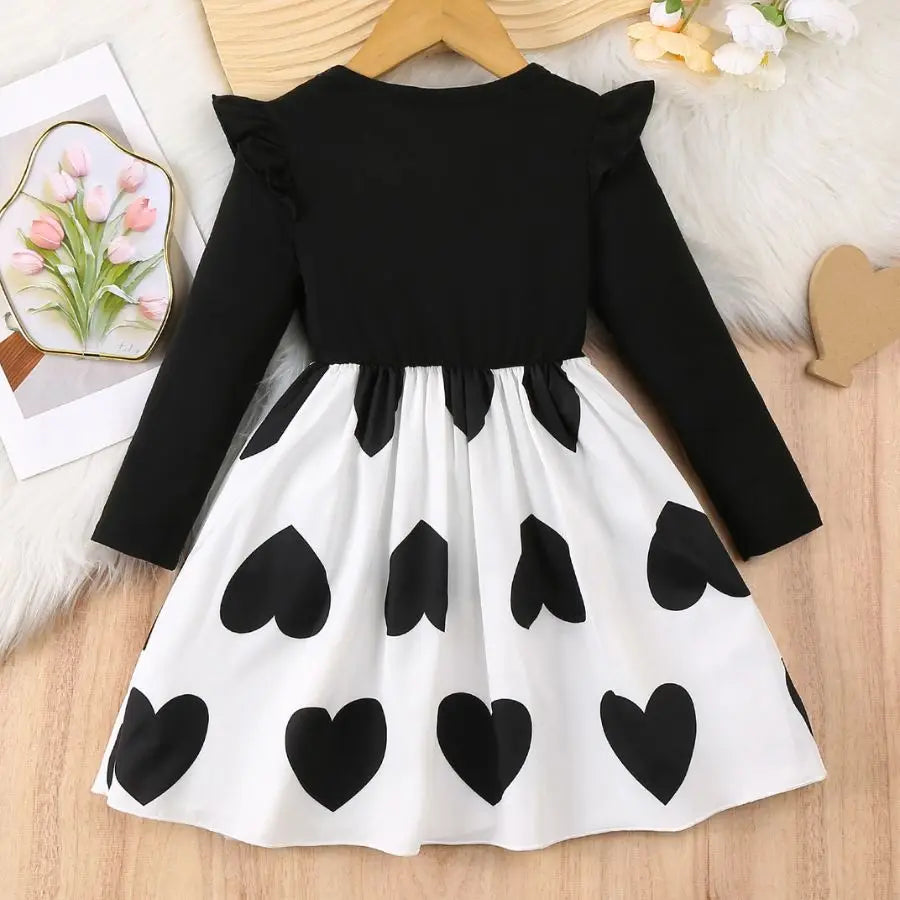 Soft girls' dress - Korean-style timeless heart-print, polyester, party wear for spring birthdays