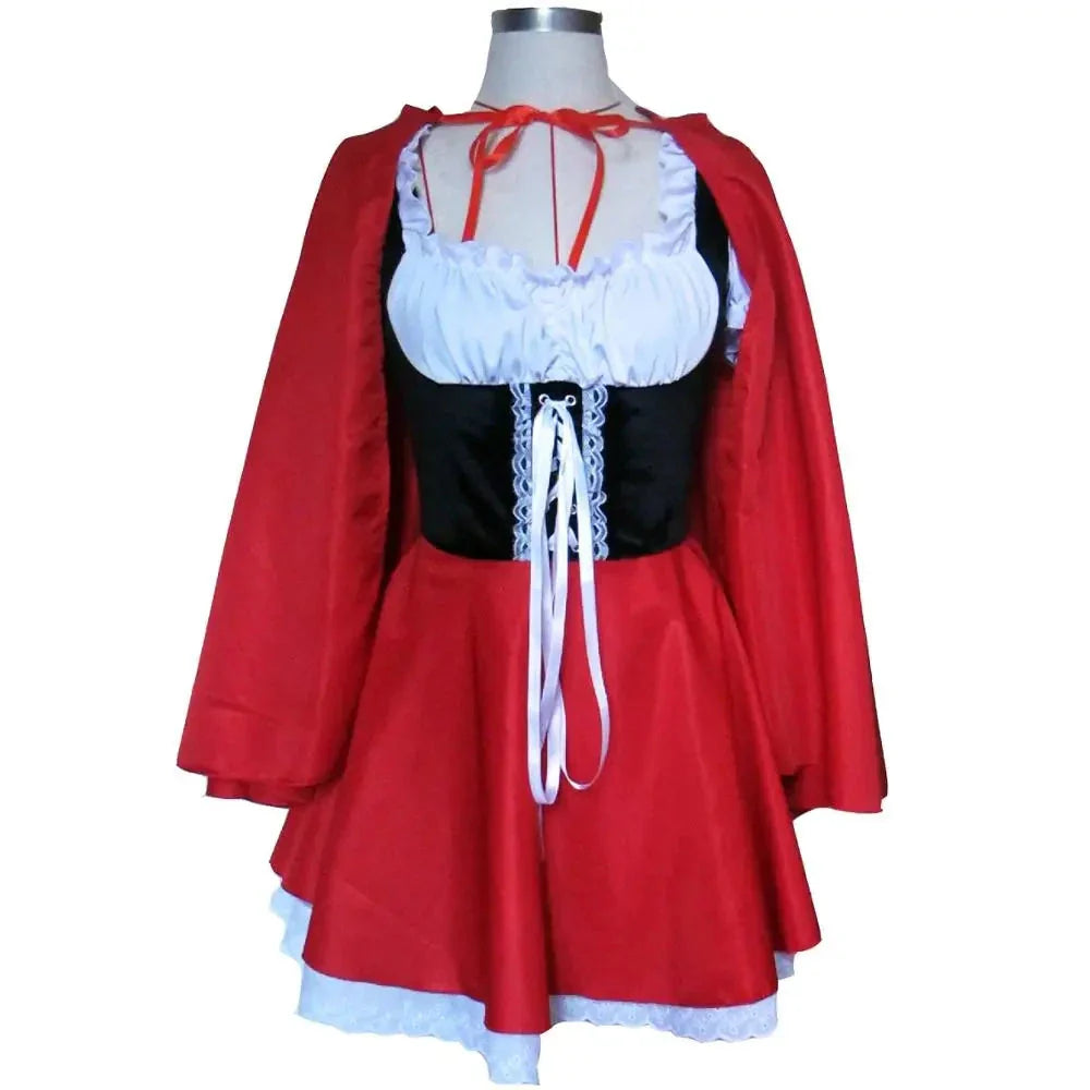 Charming Red Riding Hood Costume for Adults - Hooded Cape and Lace-Up Dress with Petticoat, Perfect for Halloween and Costume Parties