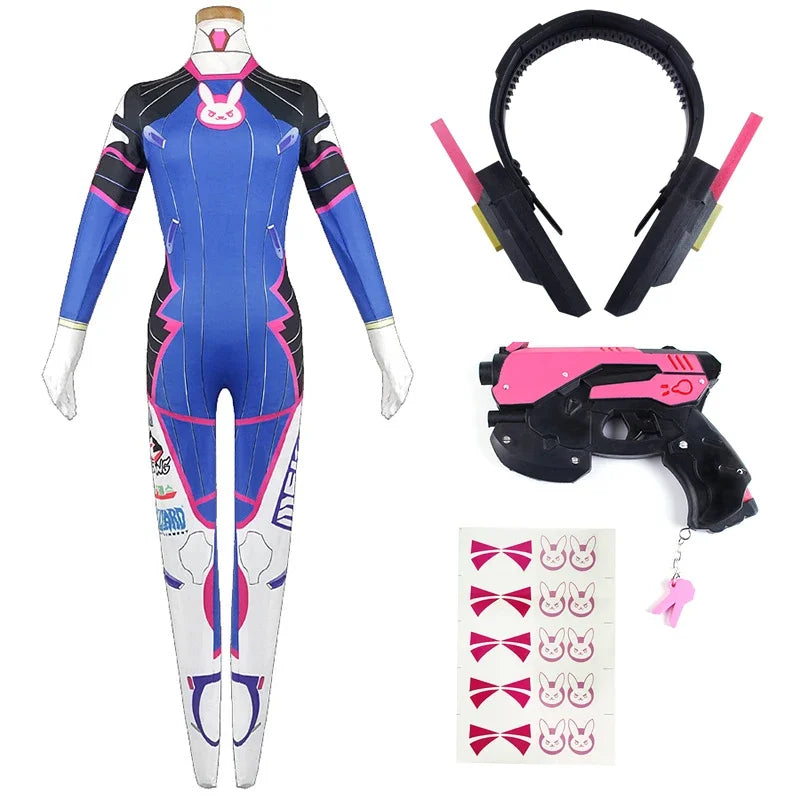 Overwatch DVa Meka Pilot Zentai Jumpsuit Cosplay Costume Set with Wig Headphones and Gun Props 2026