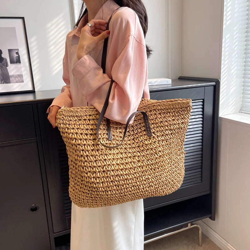 Straw Tote Bag Woven Beach Shoulder Bag Summer 2026 Large Capacity Carryall For Travel And Daily Use