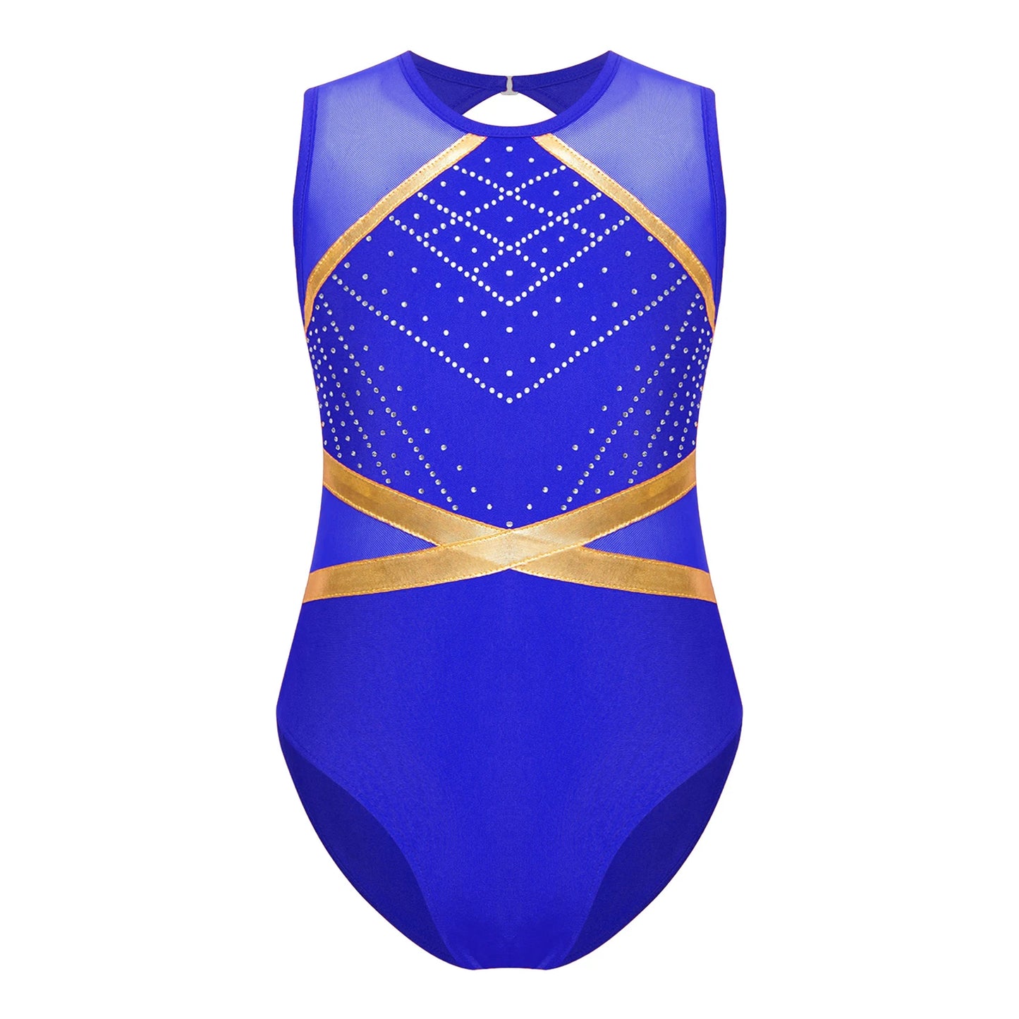Strækbar pige dragt - flatterende, rhinsten-detaljeret, langærmet, mesh-panel, polyester elastan, til gymnastik
