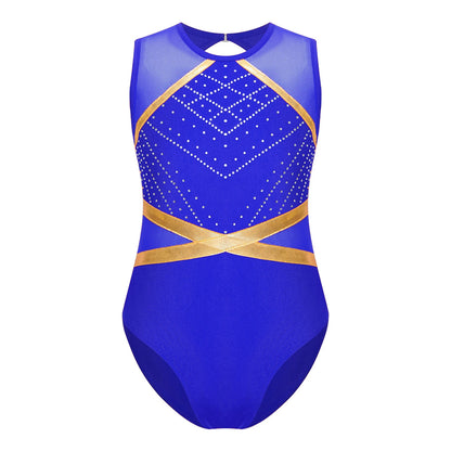 Strækbar pige dragt - flatterende, rhinsten-detaljeret, langærmet, mesh-panel, polyester elastan, til gymnastik