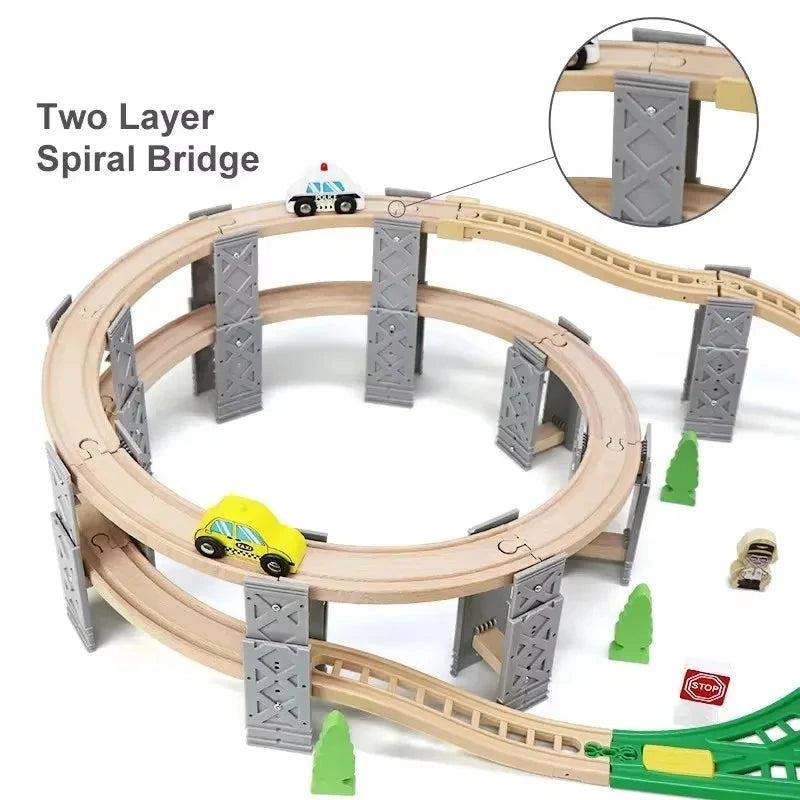 Wooden Train Track Set with Spiral Tracks & Bridge Piers - 26pcs Eco-Friendly Gift for Kids