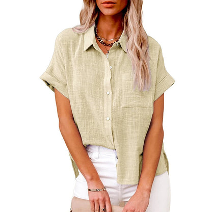 Linen Shirt Short Sleeve Casual Loose Fit Blouse Fresh Sweet Style Polyester Fabric