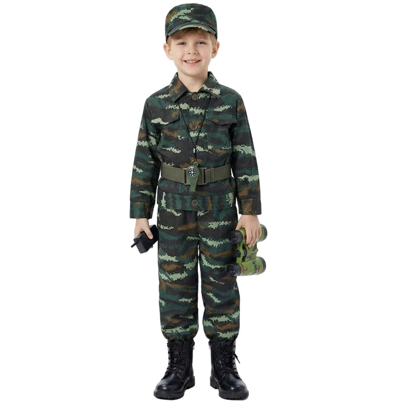 Kostumesæt til børnesoldat med camouflage, pistol, kompas og fløjte til Halloween 2026