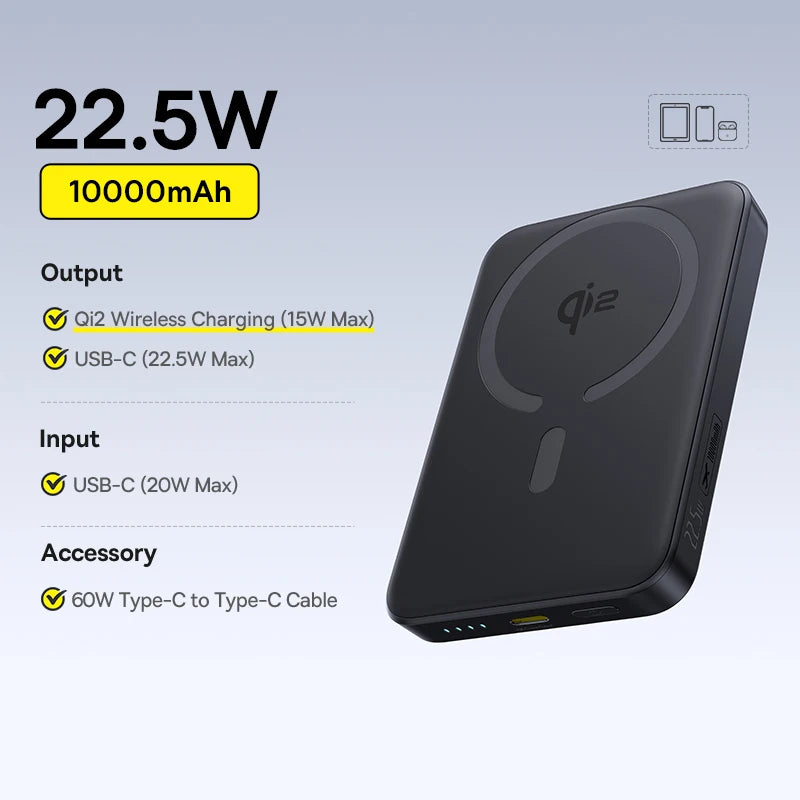 Qi2 Magnetic Power Bank 10000mAh – 15W Wireless & 22.5W USB-C Charging for iPhone & Samsung 2026