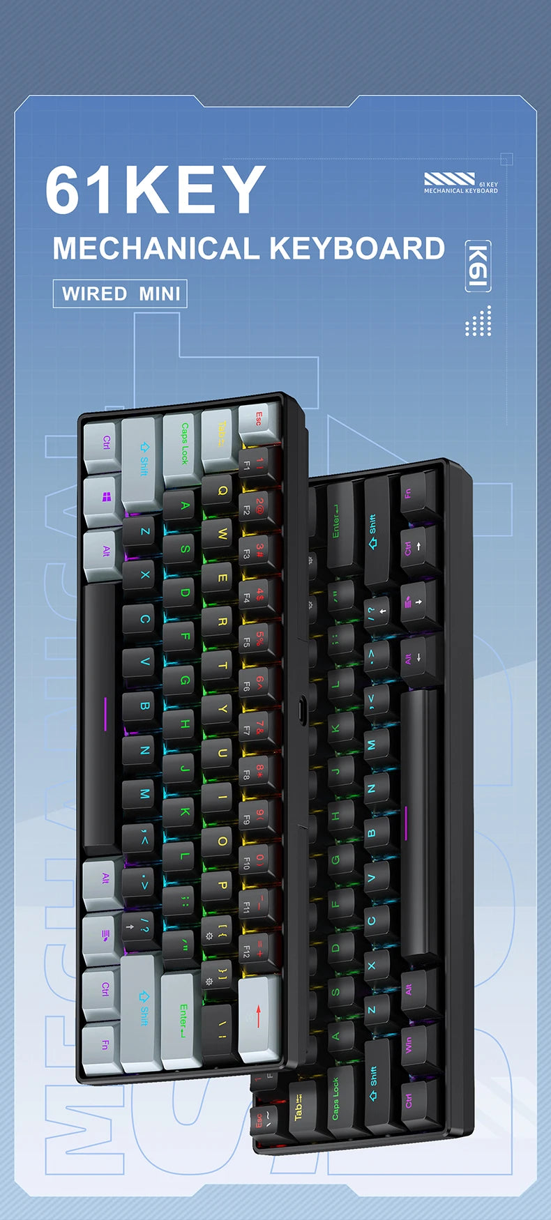 Teclado Mini Mecánico con Cable RGB Portátil 60 Porciento