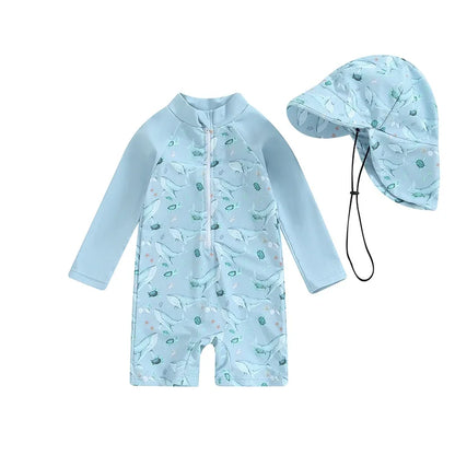 Conjunto de traje de baño con protector solar para bebé de secado rápido con sombrero - manga larga, poliéster, para playa y protección solar