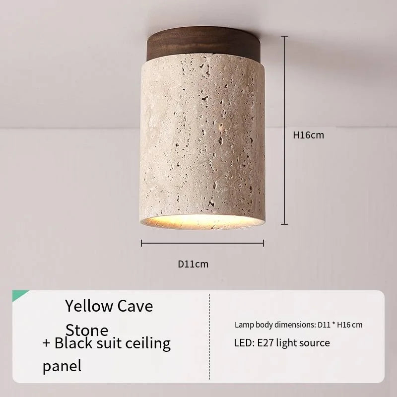 Japandi Travertine Ceiling Light Wood Cap Round Mid Century Lamp