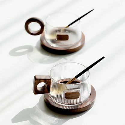 Koffiemokset 250ml Glas Met Houten Handvat, Dienblad En Lepel, Geribbelde Theekop Informeel Herfst 2025 Gezellig Cadeau