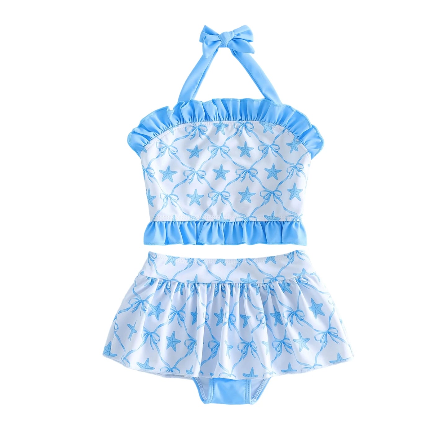 Lightweight girls' bikini set - halter top, starfish print, ruffle trim, polyester, for summer beach