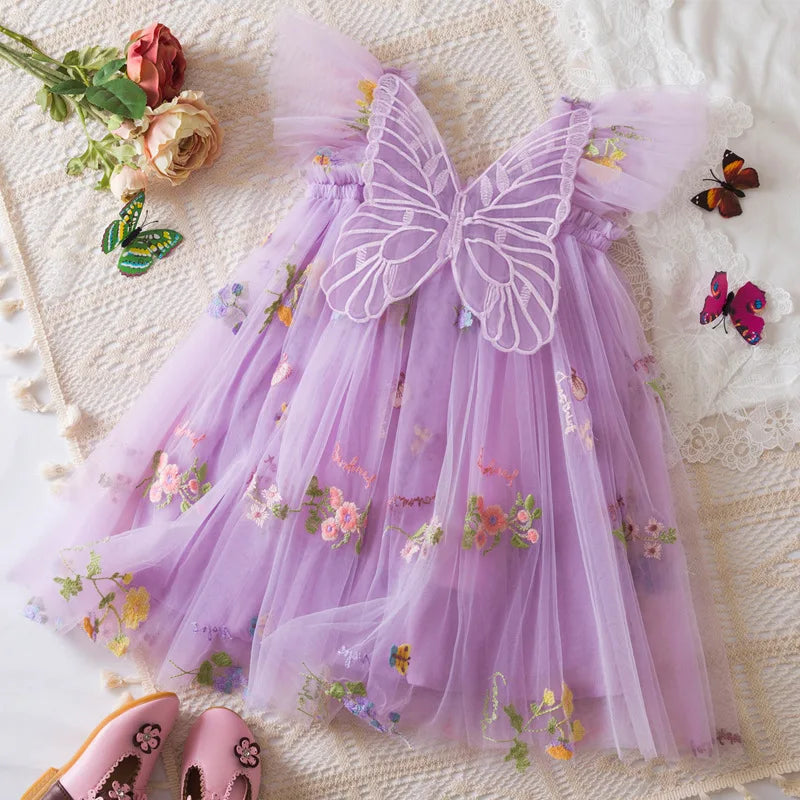 Lightweight flowy girls' dress - knee-length tulle, floral print, polyester, for weddings
