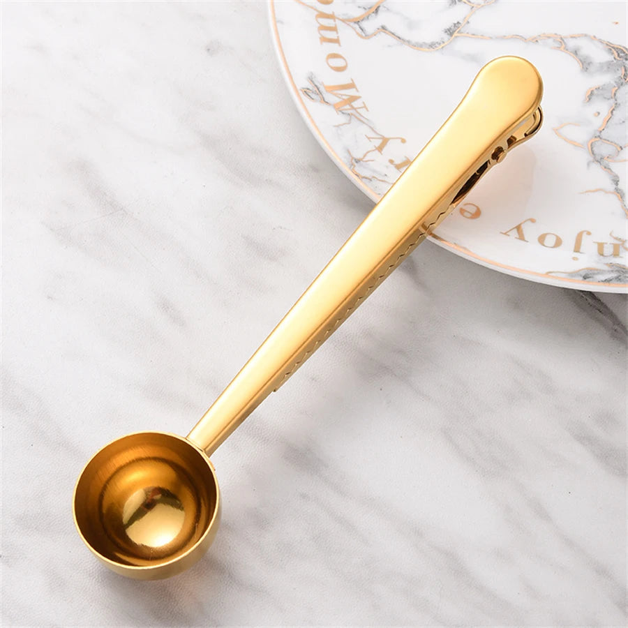 Gold Stainless Steel Coffee Spoon & Bag Sealing Clip - Multi-Function Kitchen Tool