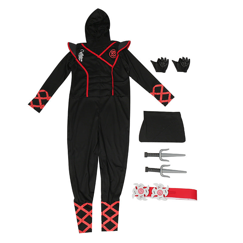 Halloweenkostuum voor jongens en meisjes als ninja, gespierde jumpsuit met accessoires van schuim en hoofddeksel 2026