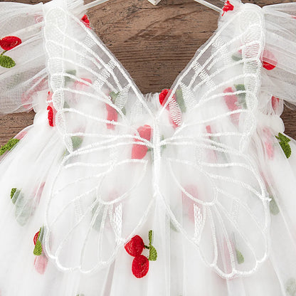 Vestito morbido per bambina – stile principessa, lunghezza al ginocchio con stampa frutta, acetato, festa di compleanno