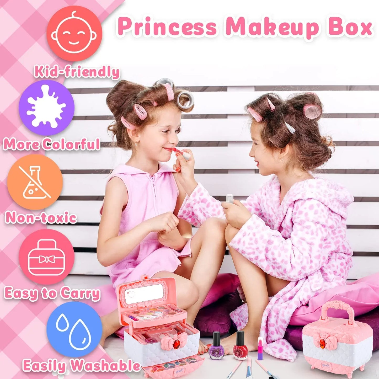 Trousse de maquillage pour enfants Rose et blanc Ensemble de jouets de maquillage Cadeau viral TikTok automne 2025 Lavable