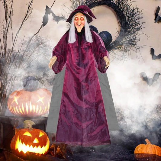 6-Foot Life-Size Animated Talking Witch in Purple – Sound-Activated Halloween Witch with Glowing Eyes and Screeching Sound for Indoor and Outdoor Decor