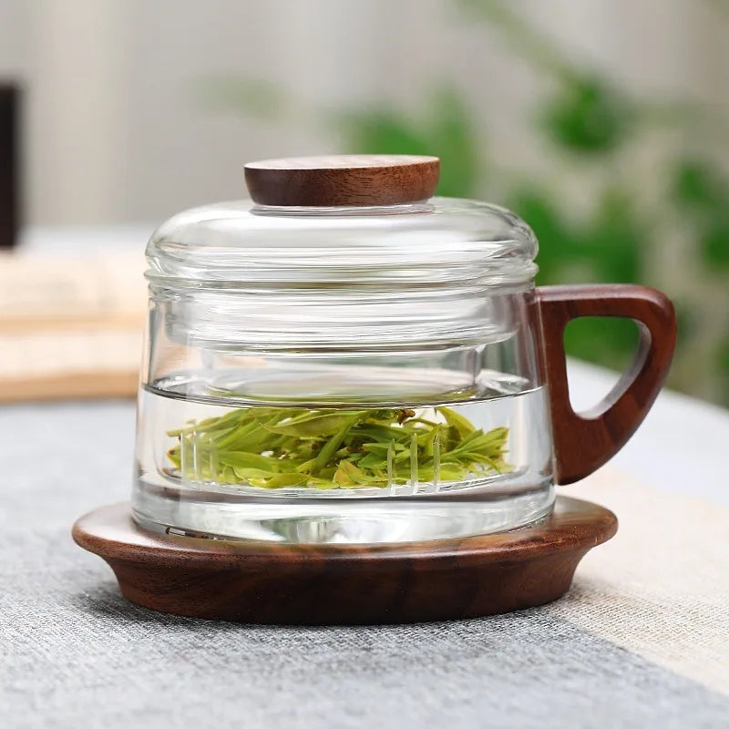 200ml Tea Infuser Cup Heat Resistant Glass Mug Wood Handle