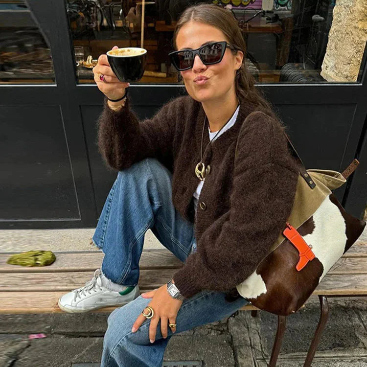 Warm Women’s Button-Up Cardigan - Waist Length Wool Mohair