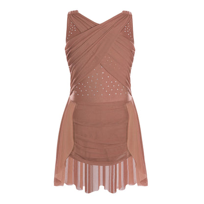 Lightweight Girls' Leotard - Rhinestone Embellished, Mesh Skirt, Polyester/Nylon/Elastane, For Ballet, Gymnastics
