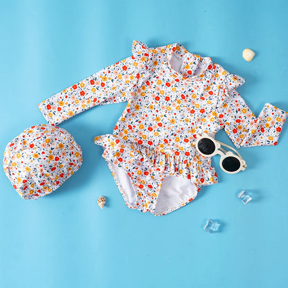 Soft Girls' One-Piece Swimsuit - Long Sleeve, Lace Design, Polyester, Sun Protection Beachwear