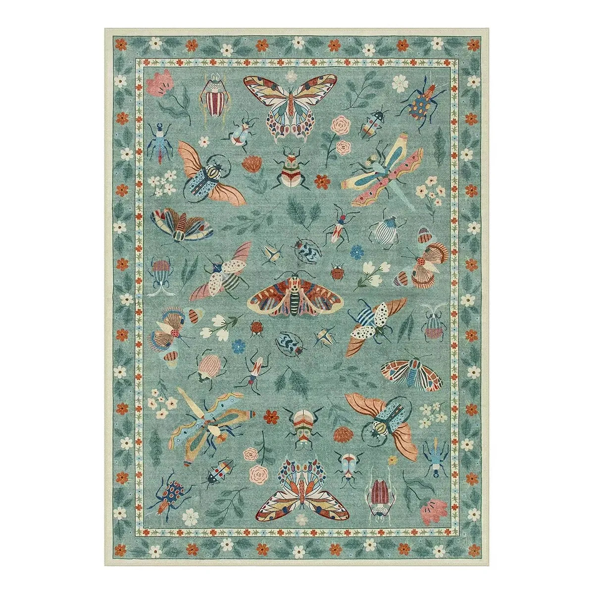Insect Print Area Rug Teal Washable Non Slip Living Room