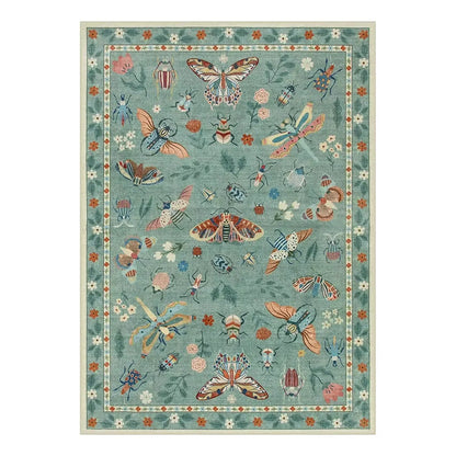 Insect Print Area Rug Teal Washable Non Slip Living Room