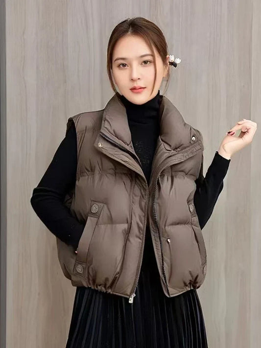 Warm Women’s Down Vest - Stand Collar, Duck Down, Winter
