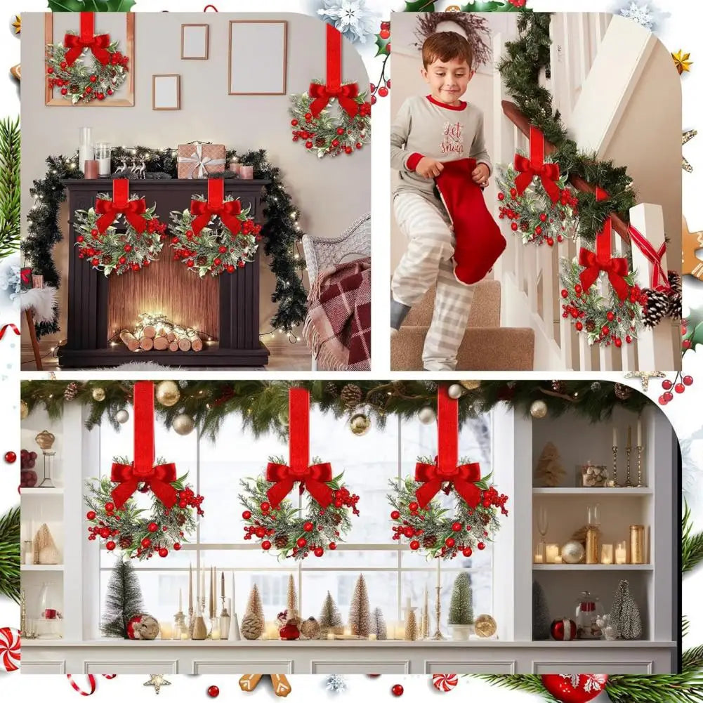 Juego de 6 coronas navideñas mini para gabinete con lazos rojos decoración duradera artificial estilo granja para las fiestas 2025