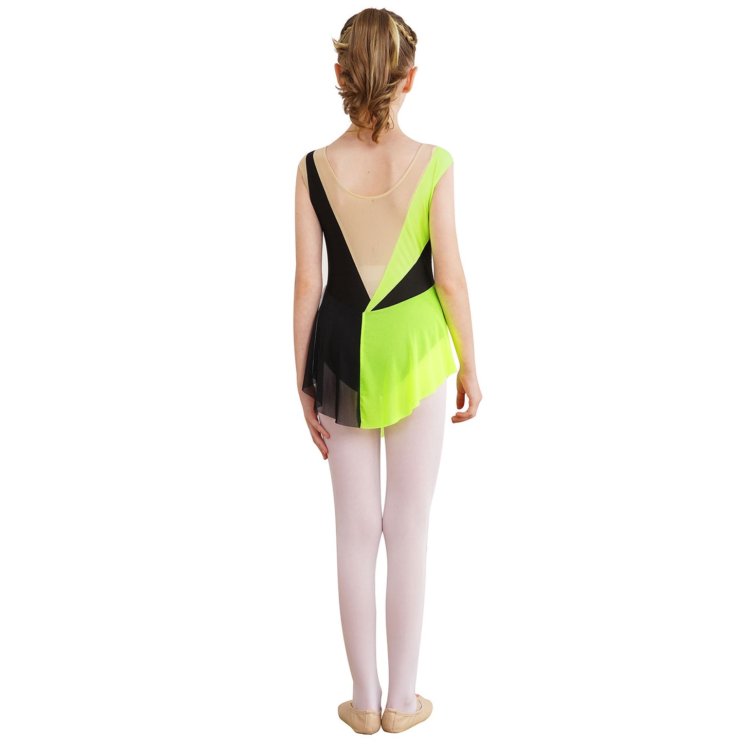 Stretchy girls' leotard - rhinestone mesh yoke, sleeveless, polyester, nylon, elastane, for lyrical dance performance