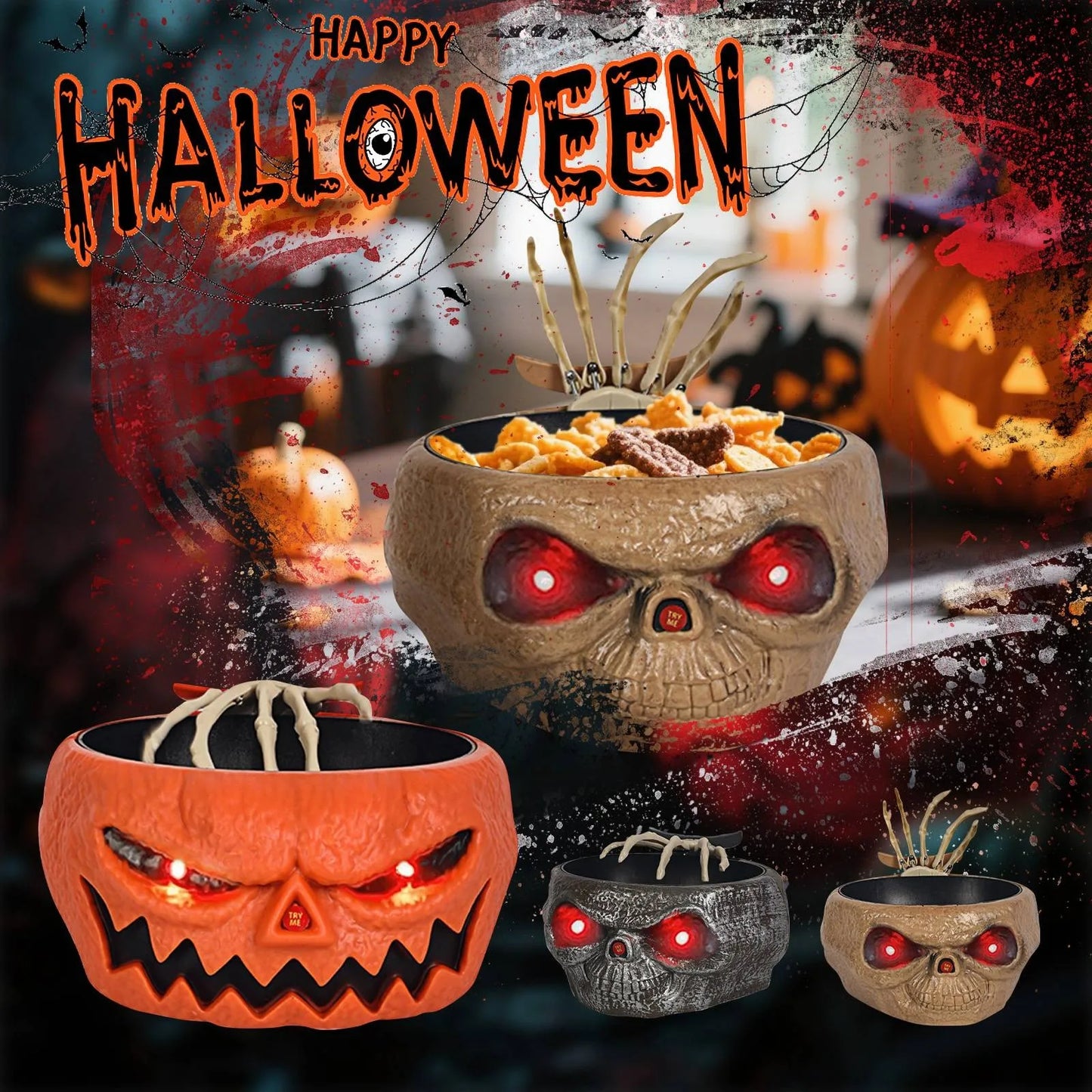 Halloween slikskål bevægelsessensor spøg med LED-øjne og skelet hånd, Halloween 2025 fest midtpunkt