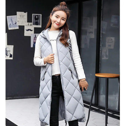 Lightweight Women's Long Puffer Vest - Hooded Cotton Winter