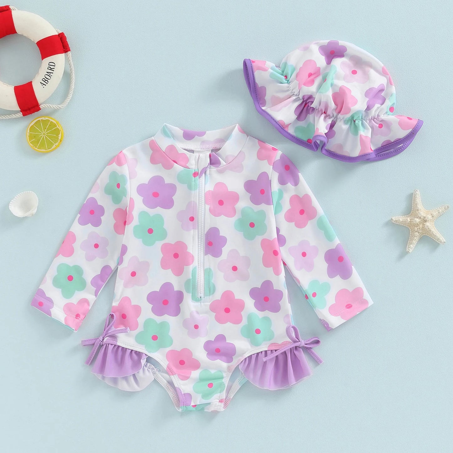 Soft Toddler Girls' Swimsuit - Long Sleeve, Zip Front, Flattering Flower Print, Polyester, Beach & Pool Swimwear
