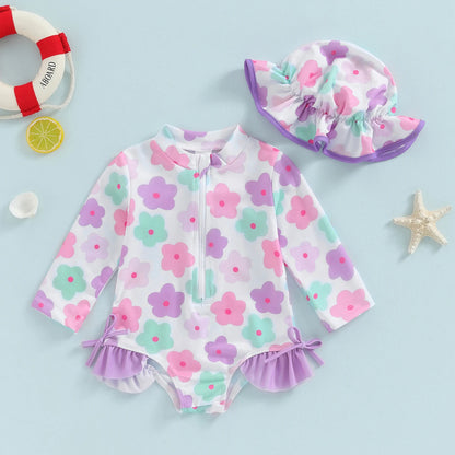 Soft Toddler Girls' Swimsuit - Long Sleeve, Zip Front, Flattering Flower Print, Polyester, Beach & Pool Swimwear