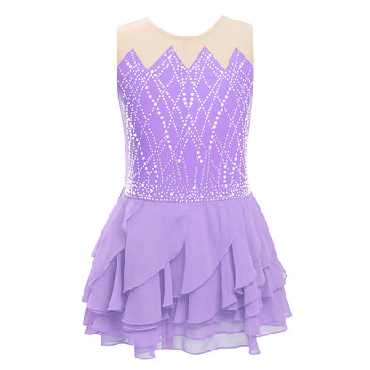 Lightweight Girls' Leotard - Rhinestone Embellished, Mesh Skirt, Polyester/Nylon/Elastane, For Ballet, Gymnastics