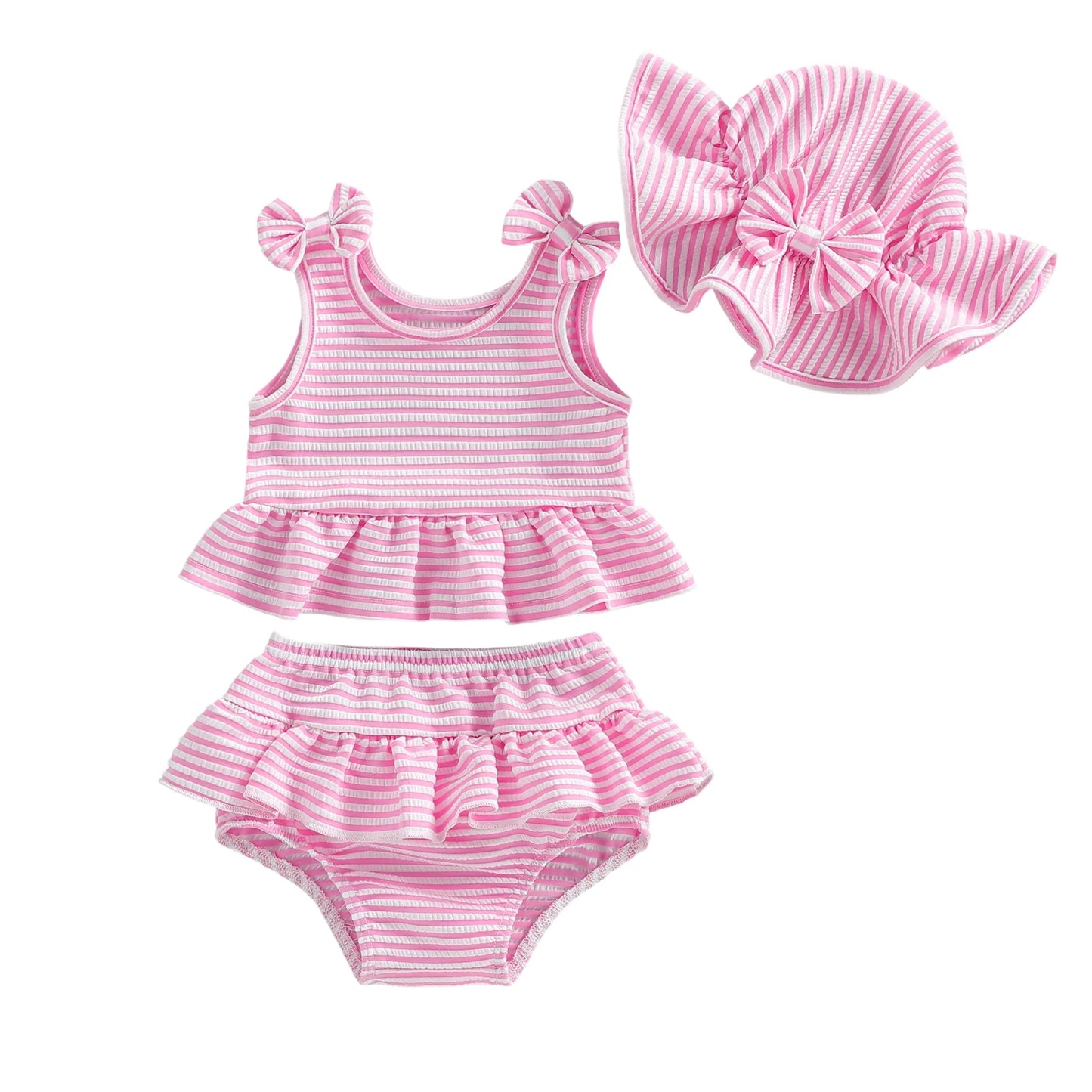 Soft Toddler Girls' Bikini Set - Striped Tank Top With Ruffle, Matching Bottom, Hat, Polyester-Elastane, Summer Swimwear