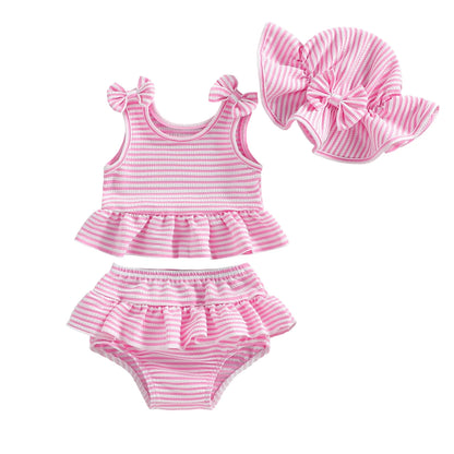 Soft Toddler Girls' Bikini Set - Striped Tank Top With Ruffle, Matching Bottom, Hat, Polyester-Elastane, Summer Swimwear