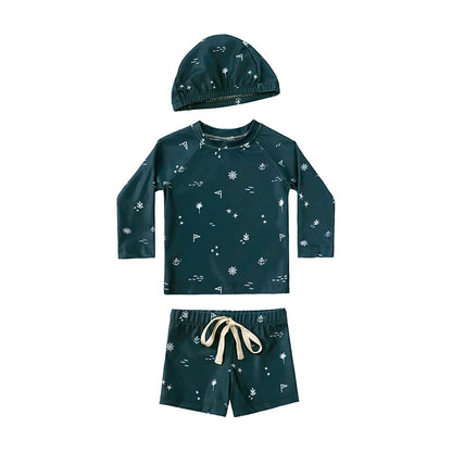 Breathable Kids Rash Guard Swim Set – Long-Sleeve Top, Swim Pants, Hat, Polyester Elastane, Beach Vacation