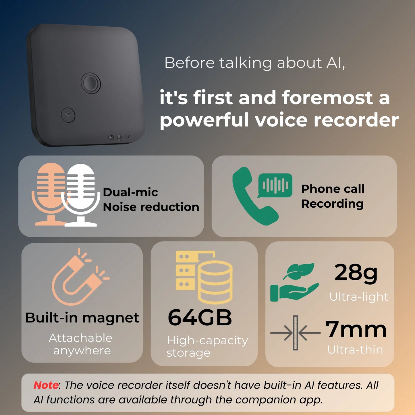 Enregistreur vocal IA 64GB avec transcription et traduction