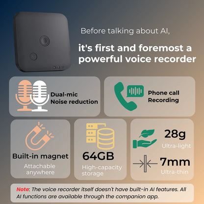 Enregistreur vocal IA 64GB avec transcription et traduction