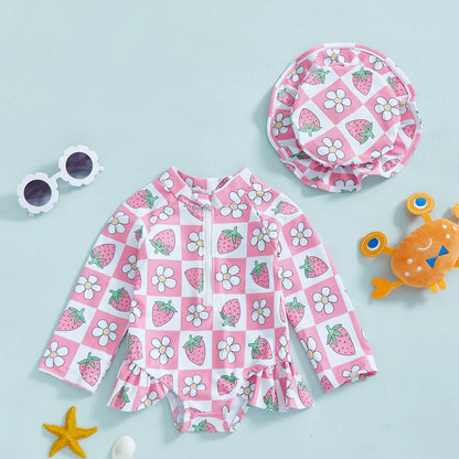 Soft Girls' Rash Guard Swimsuit Set - Zip-Up, Floral Print, Polyester, With Hat, For Summer Beach And Pool