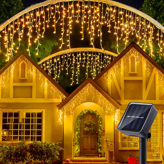 Waterproof Solar Icicle String Christmas Lights-Outdoor Christmas Decor with 96 LEDs, 8 Modes & Remote Control for Garden, Patio, Party  3.5m (137.7 inch)