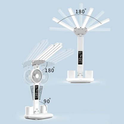 Rechargeable Desk Lamp LED With Fan And Clock Display Study Light Back To School 2025 Portable Adjustable Brightness