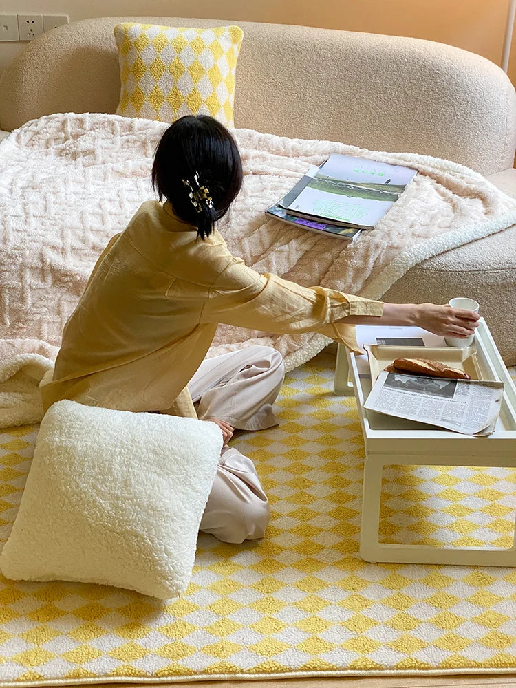 Checkerboard Plush Area Rug Japanese Style Minimalist