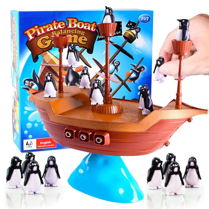 Kleurrijk piratenschip-evenwichtsspel - leuke pinguïnpuzzel voor kinderen, ouder-kindinteractie, ideaal verjaardagscadeau