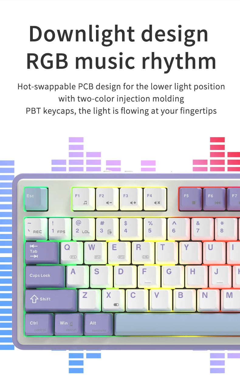 Teclado mecánico 87 teclas modo tri RGB intercambiable en caliente
