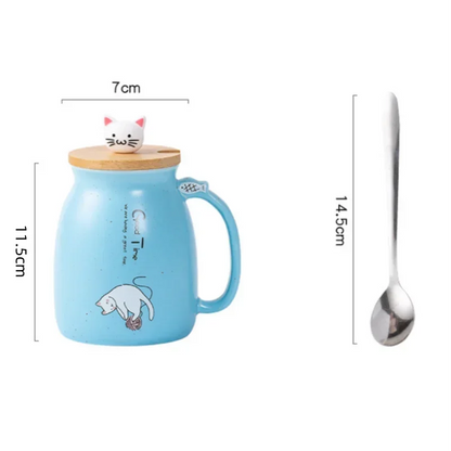Ceramic Mug With Wooden Lid And Spoon Cute Cartoon Cat Design Gift Ready Spring 2026 Kitchen Essential
