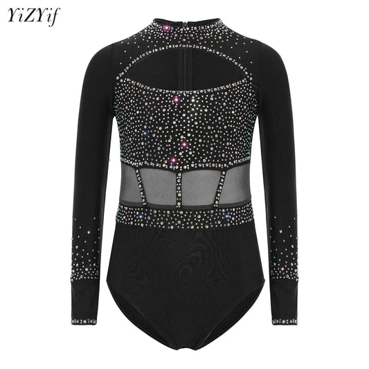 Stretchy Girls' Leotard - flattering, rhinestone-detailed, long-sleeve, mesh-panel, polyester elastane, for gymnastics