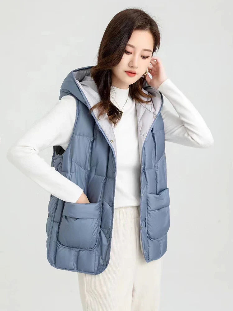 Lightweight Women Hooded Down Vest - Boxy, Down, Autumn